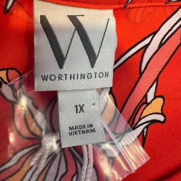 Worthington Women's Size 1X Blouse Floral Orange 3/4 Sleeve Roll- Tab Chiffon - Picture 2 of 11